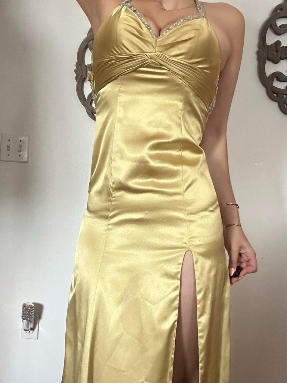 Satin Gold Slip Dress with Side Slit